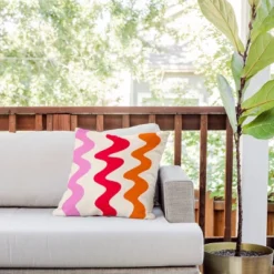 18"x18" Deny Designs Angela Minca Lines Outdoor Throw Pillow Orange/Red: Abstract Design, Polyester Fill, Square Shape