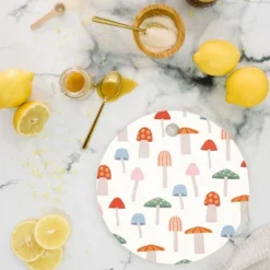 Little Arrow Design Co Mushrooms On White Cutting Board - Round