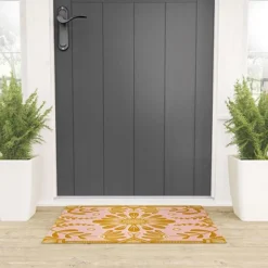 Sewzinski Boho Florals Yellow White Pink Looped Vinyl Welcome Mat - Society6