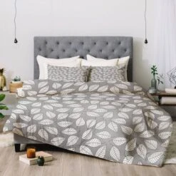 Queen/Full Bianca Green Leafy Comforter Set Gray - Deny Designs