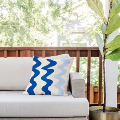 18"x18" Deny Designs Angela Minca Lines Outdoor Throw Pillow Blue: UV & Mildew Resistant, Square Shape