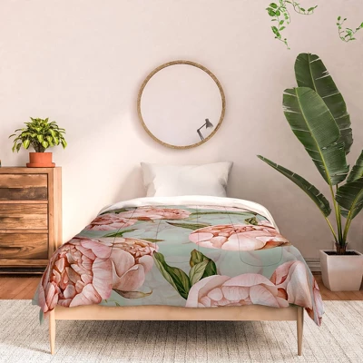 UtArt Peach Peonies Watercolor Pattern Poly Comforter Set - Deny Designs 4 UtArt Peach Peonies Watercolor Pattern Poly Comforter Set - Deny Designs - Image 2