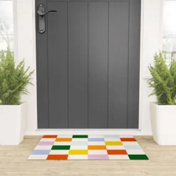 Lane And Lucia Retro Rainbow Checkerboard Welcome Mat - Society6