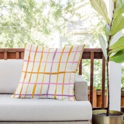 26"x26" Deny Designs D'Annick Summer Lines Outdoor Throw Pillow Orange: Abstract Design, Polyester Fill, Square Shape