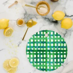 Angela Minca Watercolor Green Grid Cutting Board - Round