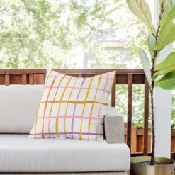 20"x20" Deny Designs D'Annick Summer Lines Square Outdoor Throw Pillow Orange: Abstract Design, Polyester Fill, Spot Clean